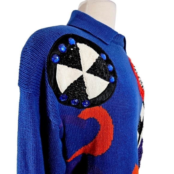 Vintage 1990 Bonnie and Bill Blue Abstract Design Beaded Sweater - Picture 5 of 7